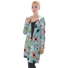 Flower White Blue Pattern Floral Hooded Pocket Cardigan