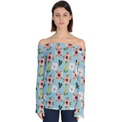 Flower White Blue Pattern Floral Off Shoulder Long Sleeve Top by Mariart