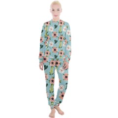 Flower White Blue Pattern Floral Women s Lounge Set by Mariart