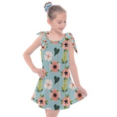 Flower White Blue Pattern Floral Kids  Tie Up Tunic Dress