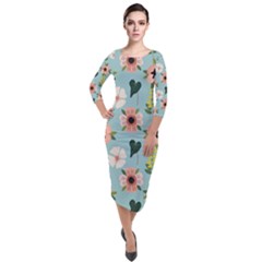 Flower White Blue Pattern Floral Quarter Sleeve Midi Velour Bodycon Dress by Mariart