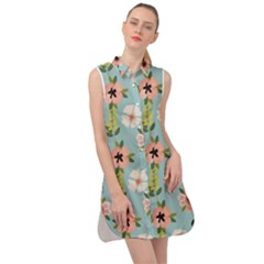 Flower White Blue Pattern Floral Sleeveless Shirt Dress