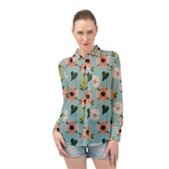 Flower White Blue Pattern Floral Long Sleeve Chiffon Shirt