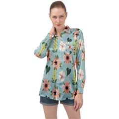 Flower White Blue Pattern Floral Long Sleeve Satin Shirt