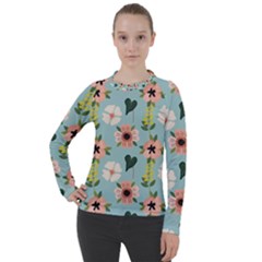 Flower White Blue Pattern Floral Women s Pique Long Sleeve Tee