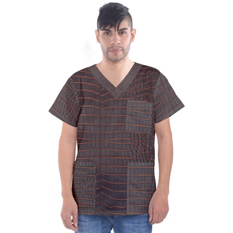 Chestnut Nile Crocodile Skin Men s V-neck Scrub Top by LoolyElzayat