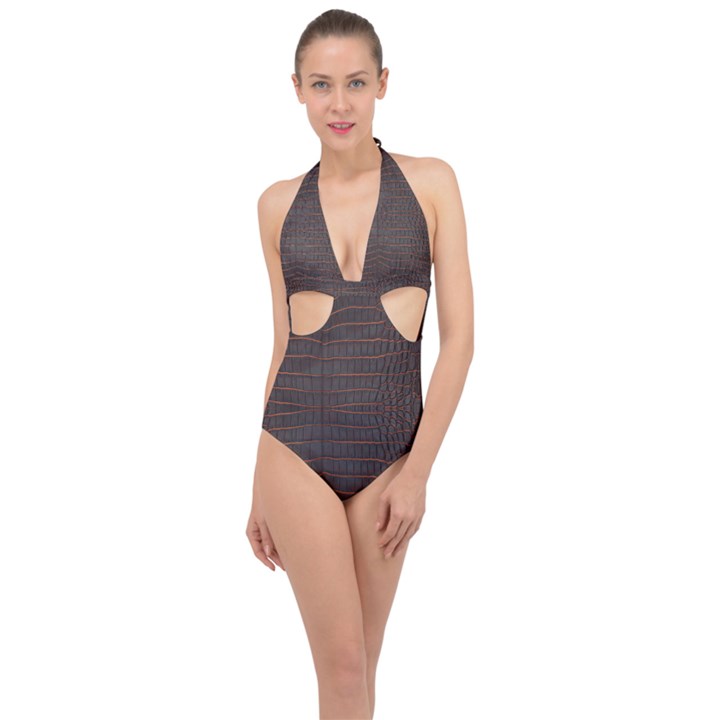 Chestnut Nile Crocodile Skin Halter Front Plunge Swimsuit