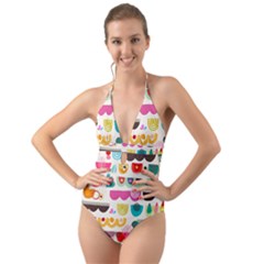 Scandinavian Folk Art Wave Craze Halter Cut-out One Piece Swimsuit by andStretch