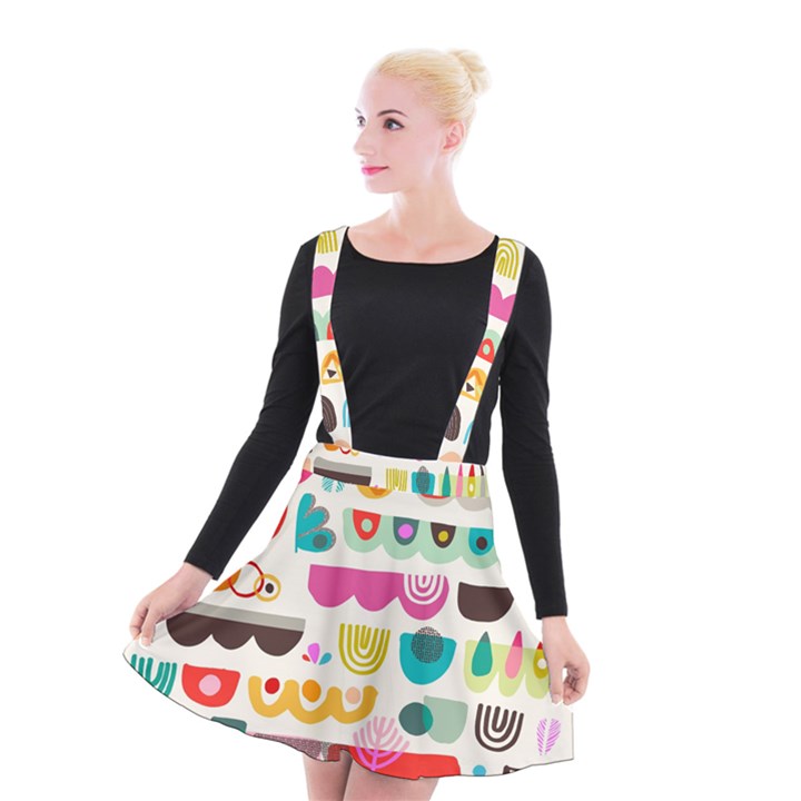 Scandinavian Folk Art Wave Craze Suspender Skater Skirt