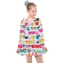 Scandinavian Folk Art Wave Craze Kids  Long Sleeve Dress