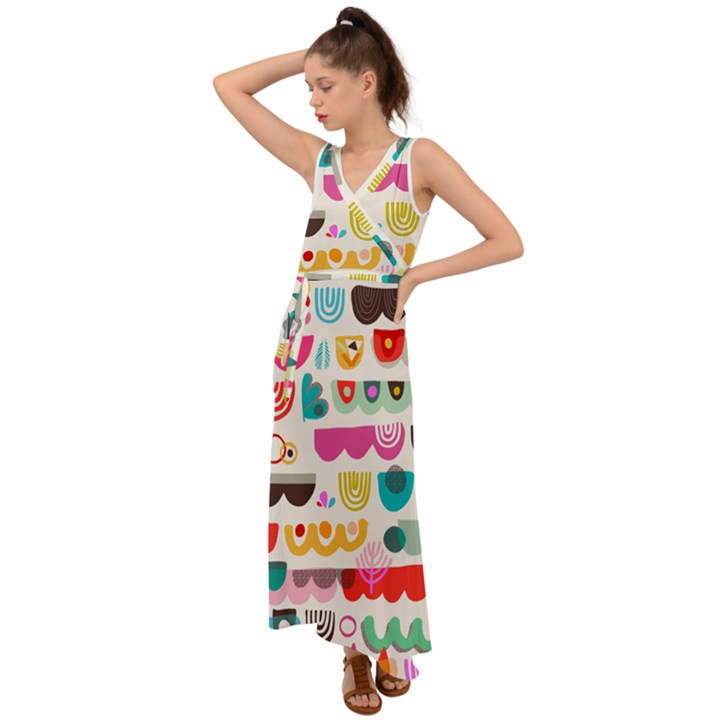 Scandinavian Folk Art Wave Craze V-Neck Chiffon Maxi Dress