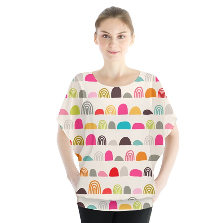 Scandinavian Folk Art Rainbow Road Batwing Chiffon Blouse