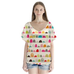 Scandinavian Folk Art Rainbow Road V-neck Flutter Sleeve Top by andStretch