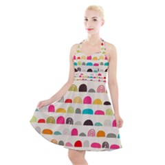 Scandinavian Folk Art Rainbow Road Halter Party Swing Dress  by andStretch