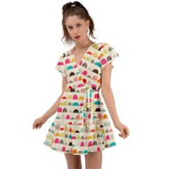 Scandinavian Folk Art Rainbow Road Flutter Sleeve Wrap Dress by andStretch