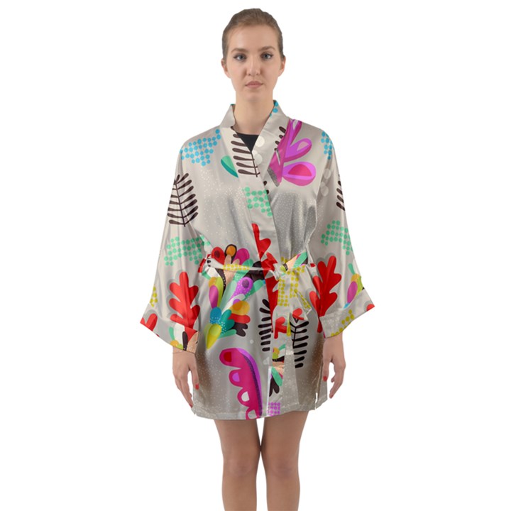 Scandinavian Foliage Fun Long Sleeve Satin Kimono