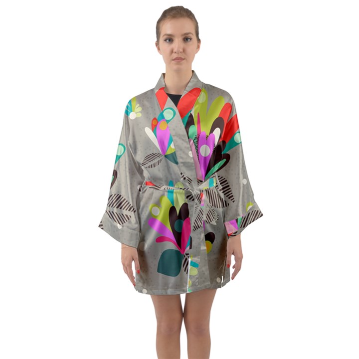 Scandinavian Flower Shower Long Sleeve Satin Kimono