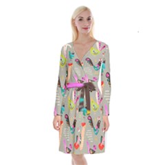 Scandinavian Birds Feather Weather Long Sleeve Velvet Front Wrap Dress