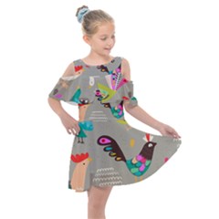 Scandinavian Birds Feather Weather Kids  Shoulder Cutout Chiffon Dress