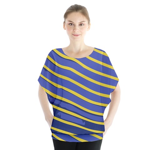 Yellow Blue Stripped Fish Batwing Chiffon Blouse by LoolyElzayat