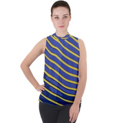 Yellow Blue Stripped Fish Mock Neck Chiffon Sleeveless Top by LoolyElzayat