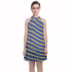 Yellow Blue Stripped Fish Velvet Halter Neckline Dress  by LoolyElzayat