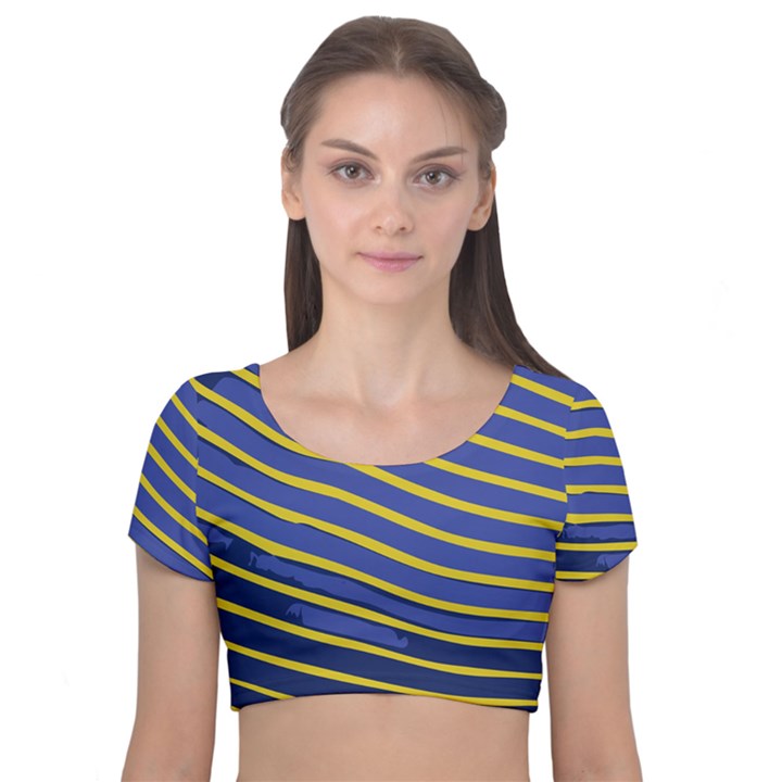 Yellow Blue Stripped Fish Velvet Short Sleeve Crop Top 