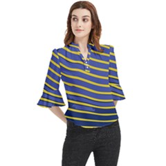 Yellow Blue Stripped Fish Loose Horn Sleeve Chiffon Blouse