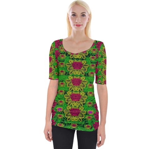 Rainbow Forest The Home Of The Metal Peacocks Wide Neckline Tee by pepitasart