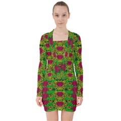 Rainbow Forest The Home Of The Metal Peacocks V-neck Bodycon Long Sleeve Dress by pepitasart