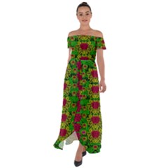 Rainbow Forest The Home Of The Metal Peacocks Off Shoulder Open Front Chiffon Dress by pepitasart