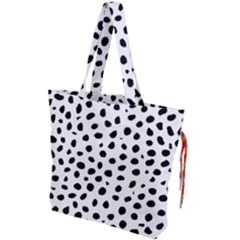 Black And White Seamless Cheetah Spots Drawstring Tote Bag by LoolyElzayat