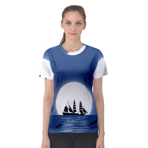 Boat Silhouette Moon Sailing Women s Sport Mesh Tee by HermanTelo