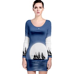 Boat Silhouette Moon Sailing Long Sleeve Bodycon Dress