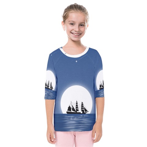 Boat Silhouette Moon Sailing Kids  Quarter Sleeve Raglan Tee by HermanTelo