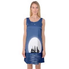 Boat Silhouette Moon Sailing Sleeveless Satin Nightdress