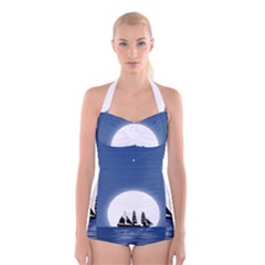 Boat Silhouette Moon Sailing Boyleg Halter Swimsuit  by HermanTelo