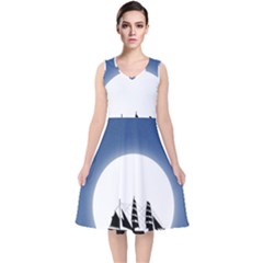 Boat Silhouette Moon Sailing V-neck Midi Sleeveless Dress  by HermanTelo