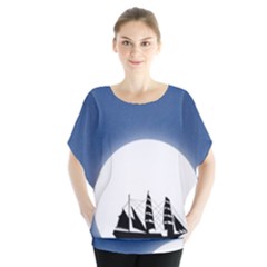 Boat Silhouette Moon Sailing Batwing Chiffon Blouse