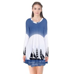 Boat Silhouette Moon Sailing Long Sleeve V-neck Flare Dress