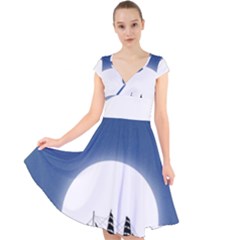 Boat Silhouette Moon Sailing Cap Sleeve Front Wrap Midi Dress