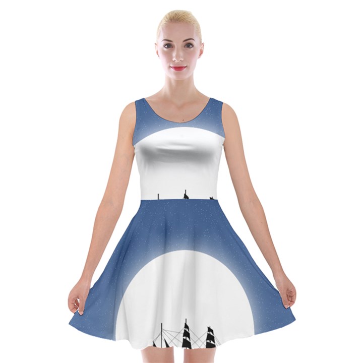 Boat Silhouette Moon Sailing Velvet Skater Dress