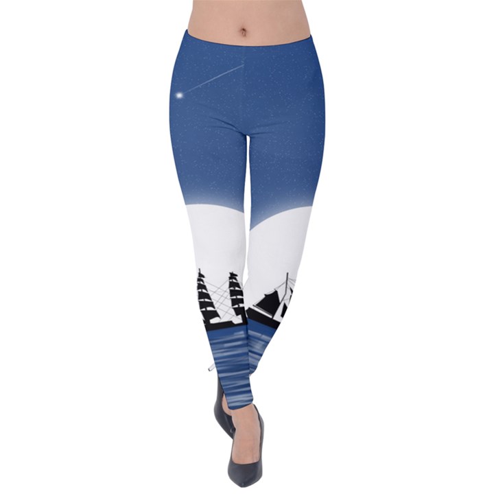 Boat Silhouette Moon Sailing Velvet Leggings