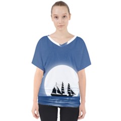 Boat Silhouette Moon Sailing V-neck Dolman Drape Top