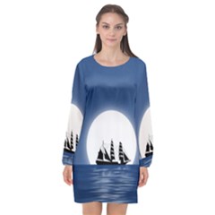 Boat Silhouette Moon Sailing Long Sleeve Chiffon Shift Dress  by HermanTelo