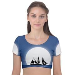 Boat Silhouette Moon Sailing Velvet Short Sleeve Crop Top 