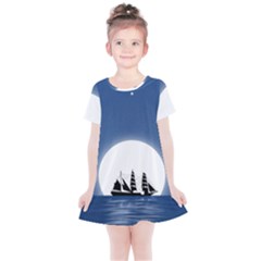 Boat Silhouette Moon Sailing Kids  Simple Cotton Dress