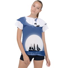 Boat Silhouette Moon Sailing Ruffle Collar Chiffon Blouse