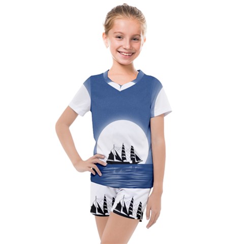 Boat Silhouette Moon Sailing Kids  Mesh Tee And Shorts Set by HermanTelo