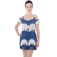 Boat Silhouette Moon Sailing Ruffle Cut Out Chiffon Playsuit